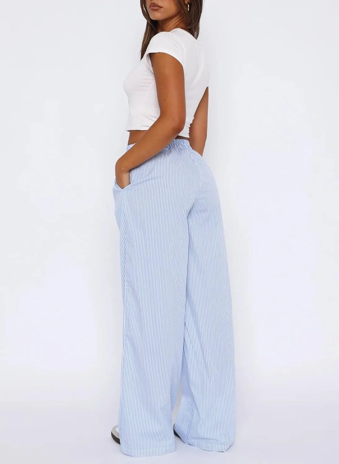 Women Striped Pajamas Pants Y2K Linen Baggy Wide Leg Lounge Pants Comfy Pjs Bottom Trousers with Pockets