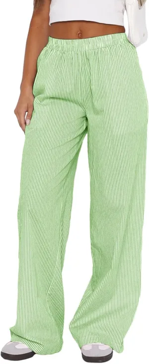 Women Striped Pajamas Pants Y2K Linen Baggy Wide Leg Lounge Pants Comfy Pjs Bottom Trousers with Pockets