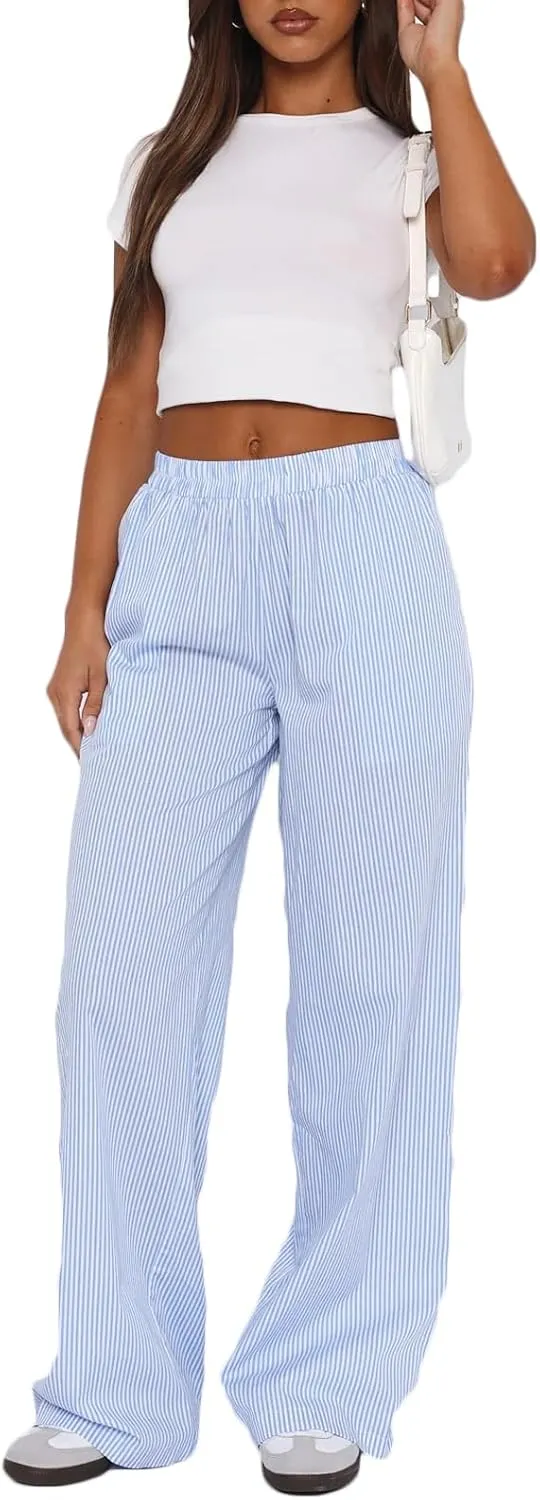 Women Striped Pajamas Pants Y2K Linen Baggy Wide Leg Lounge Pants Comfy Pjs Bottom Trousers with Pockets