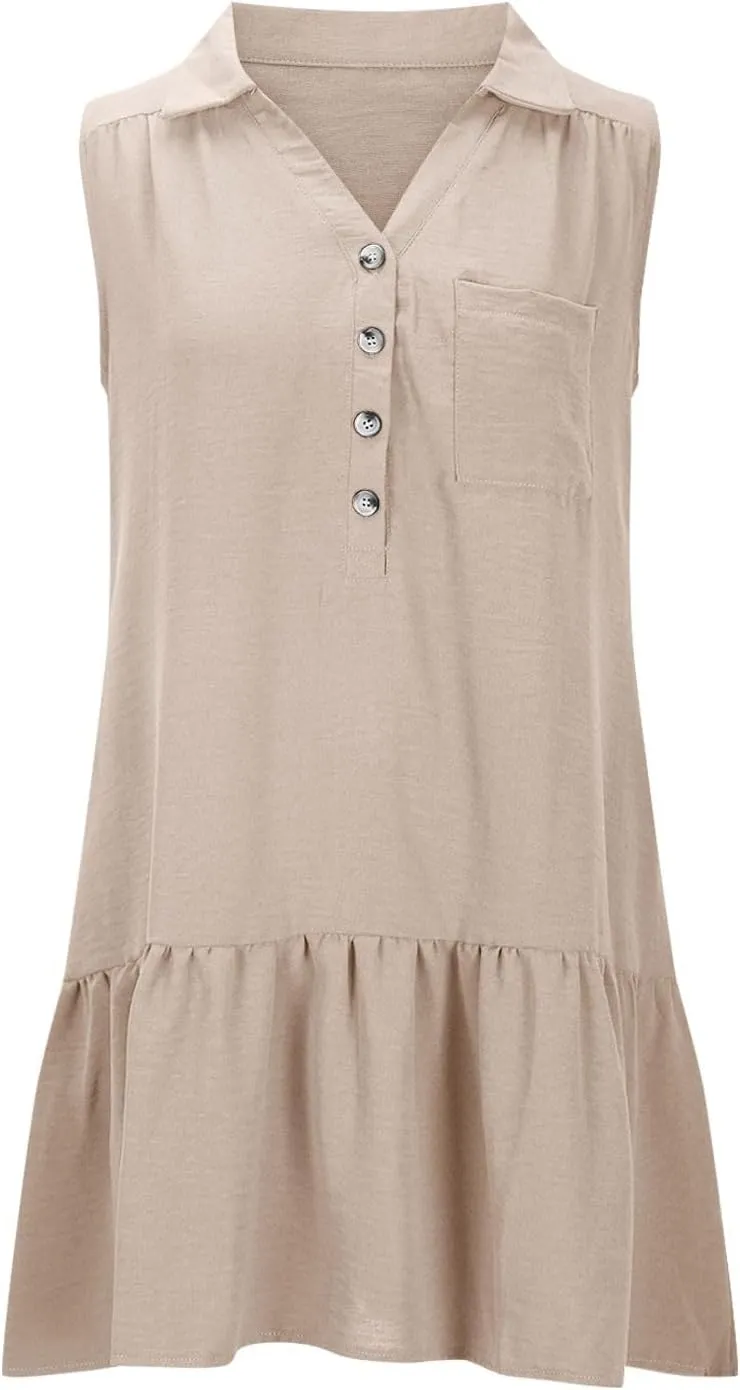 Women Summer Button Shirt Dress Ruched V Neck Sleeveless Sundress with Pocket Loose Casual Vacation Dress 2025
