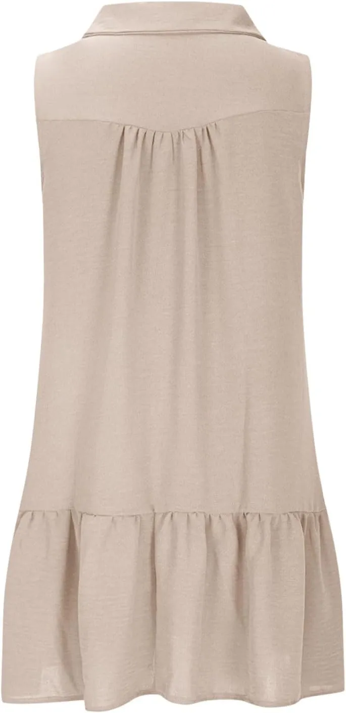 Women Summer Button Shirt Dress Ruched V Neck Sleeveless Sundress with Pocket Loose Casual Vacation Dress 2025