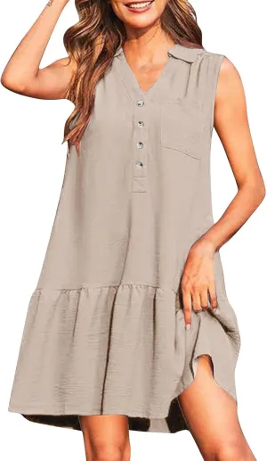 Women Summer Button Shirt Dress Ruched V Neck Sleeveless Sundress with Pocket Loose Casual Vacation Dress 2025
