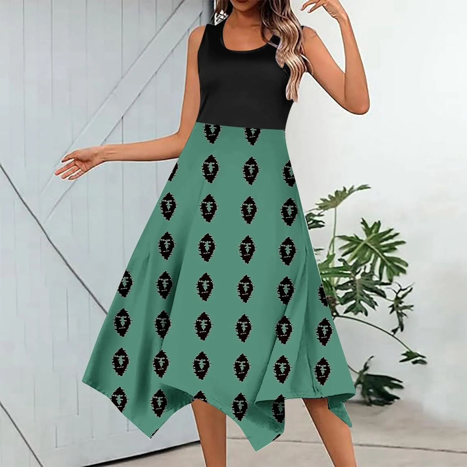 Women Summer Dresses Boho Floral Print Sleeveless Beach Vacation Sundress Patchwork Swing A Line Wrap Dress