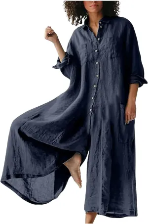 Women V Neck Loose FIt Casual Summer Jumpsuits Cotton Linen Wide Leg Overall Romper with Pockets