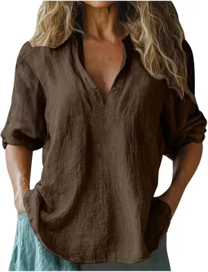 Women V Neck Stand Collar Tunic Tops Summer Cotton Linen 3/4 Sleeve Casual Loose Fit T-Shirts Dressy Basic Office Work Blouse