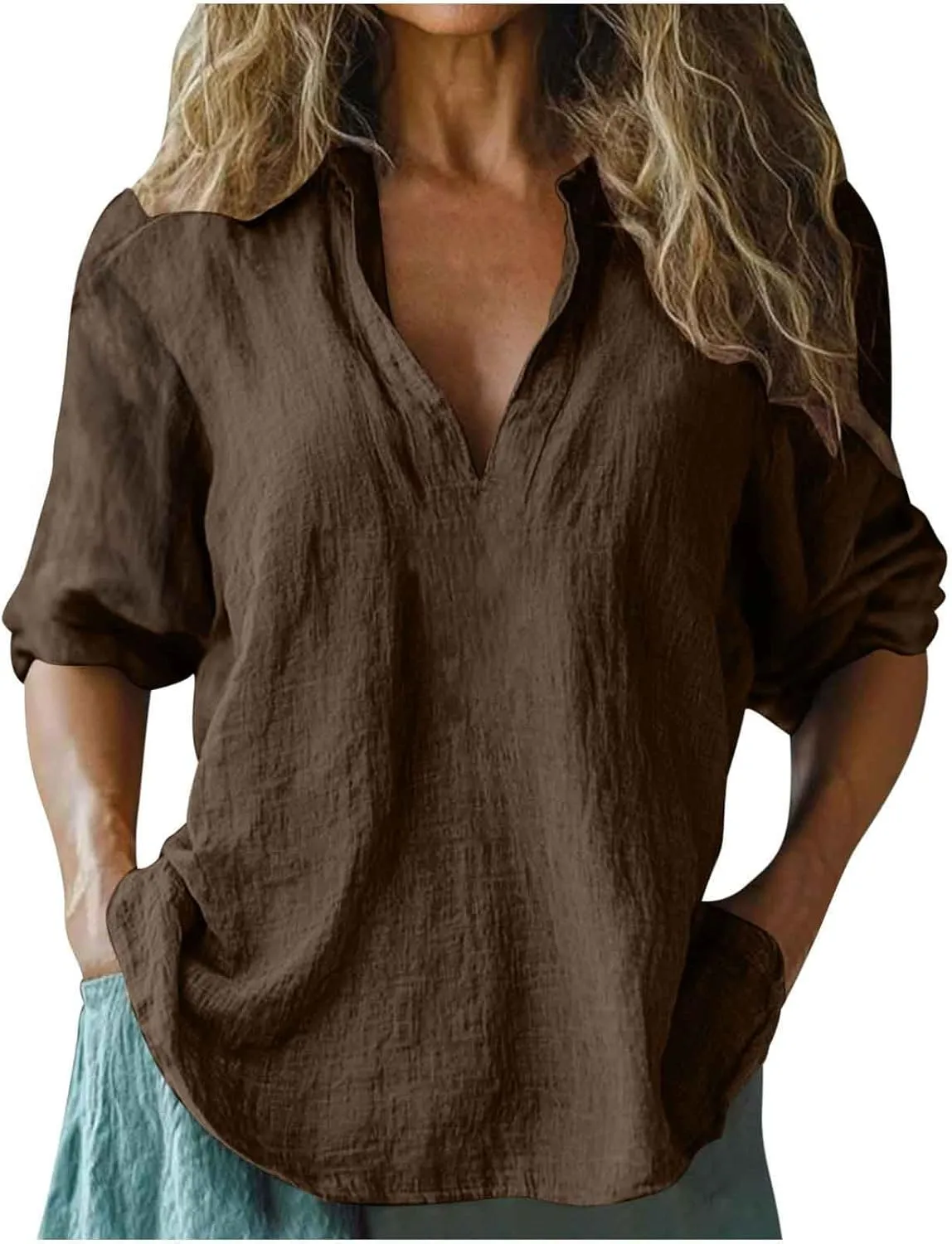 Women V Neck Stand Collar Tunic Tops Summer Cotton Linen 3/4 Sleeve Casual Loose Fit T-Shirts Dressy Basic Office Work Blouse