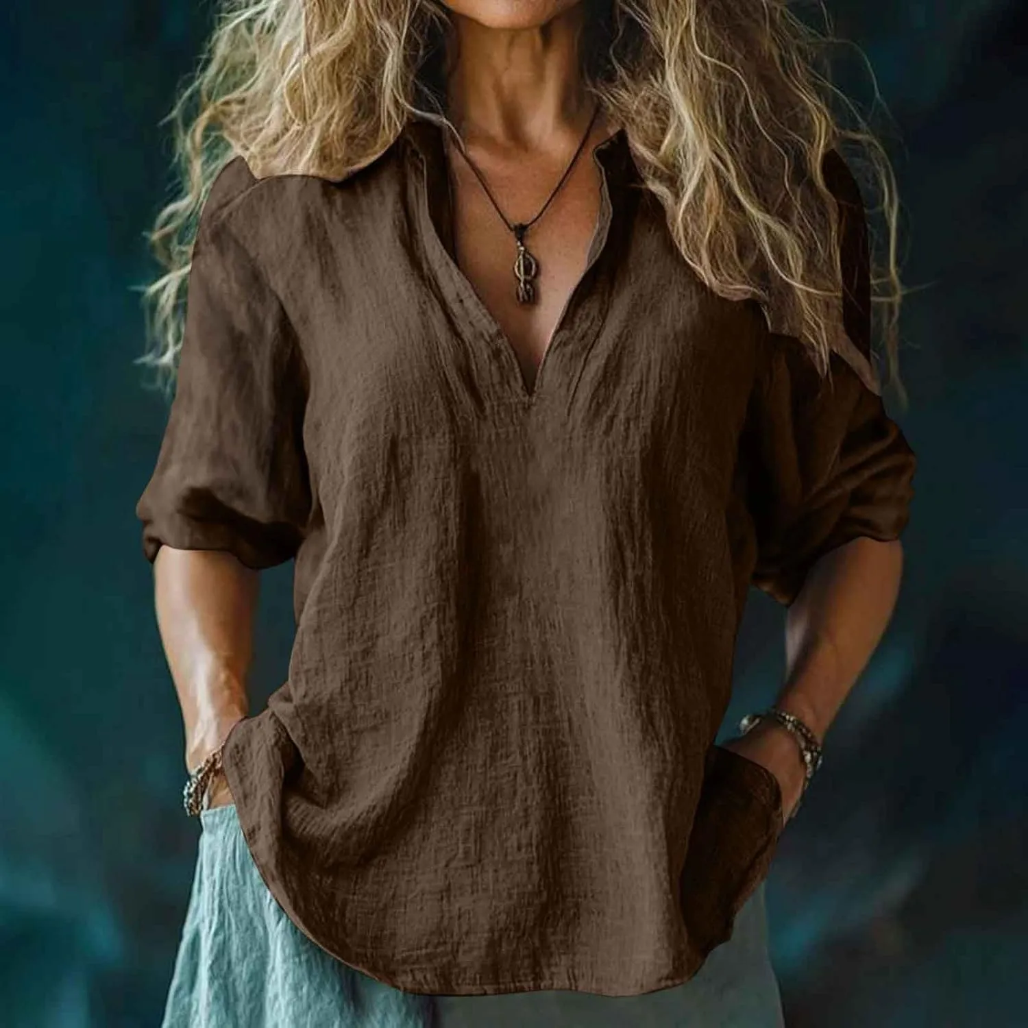 Women V Neck Stand Collar Tunic Tops Summer Cotton Linen 3/4 Sleeve Casual Loose Fit T-Shirts Dressy Basic Office Work Blouse