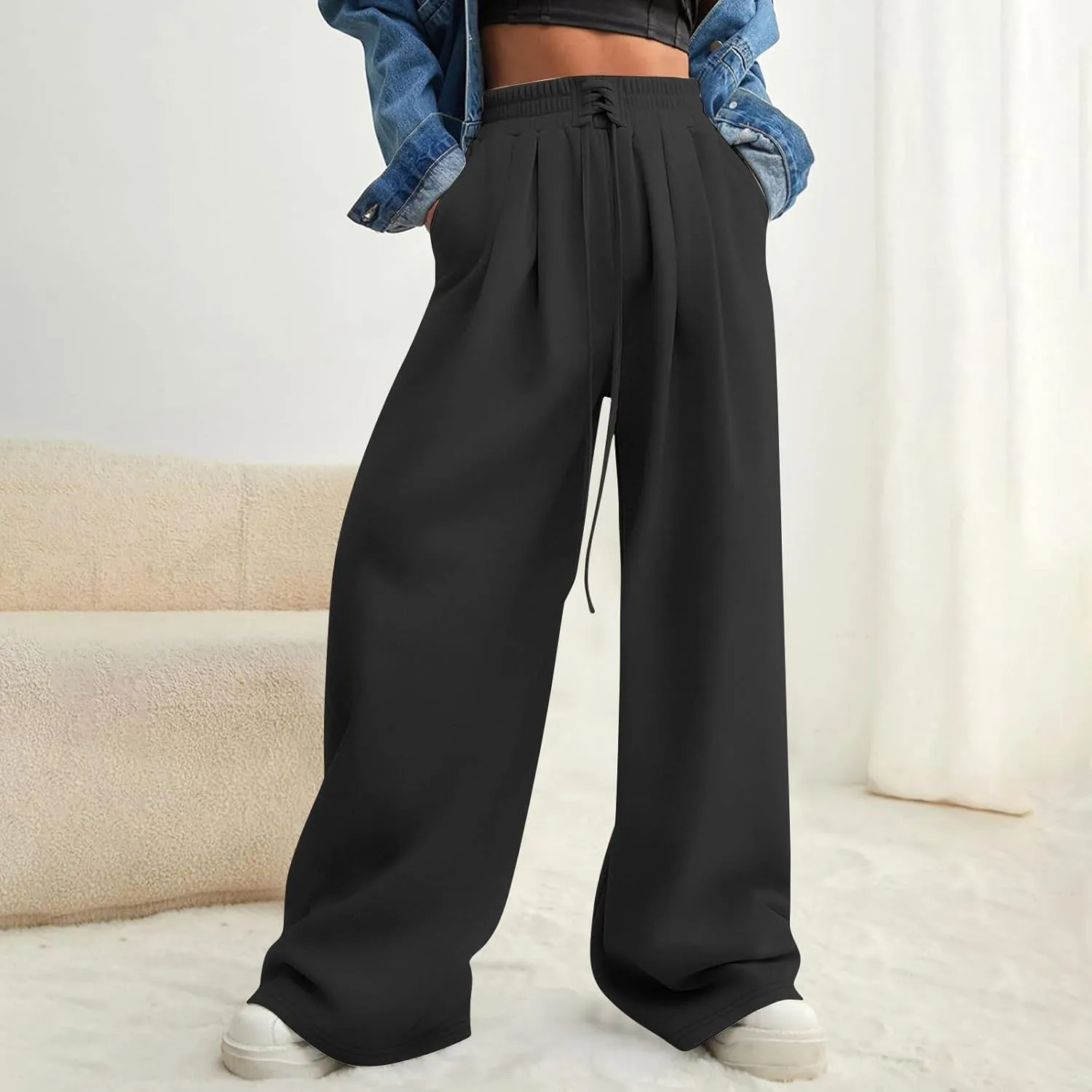 Women Wide Leg Sweatpants Fleece Fashion Loose Pants Full Length Oversized Lounge Joggers Baggy Solid Color Pants