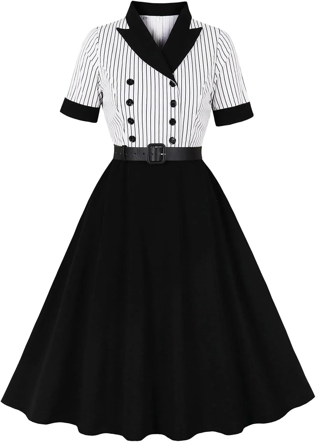 Womens 1950s Vintage Striped Cocktail Dresses Hepburn Style Doll Collar Short Sleeve A-Line Swing Dress with Pockets