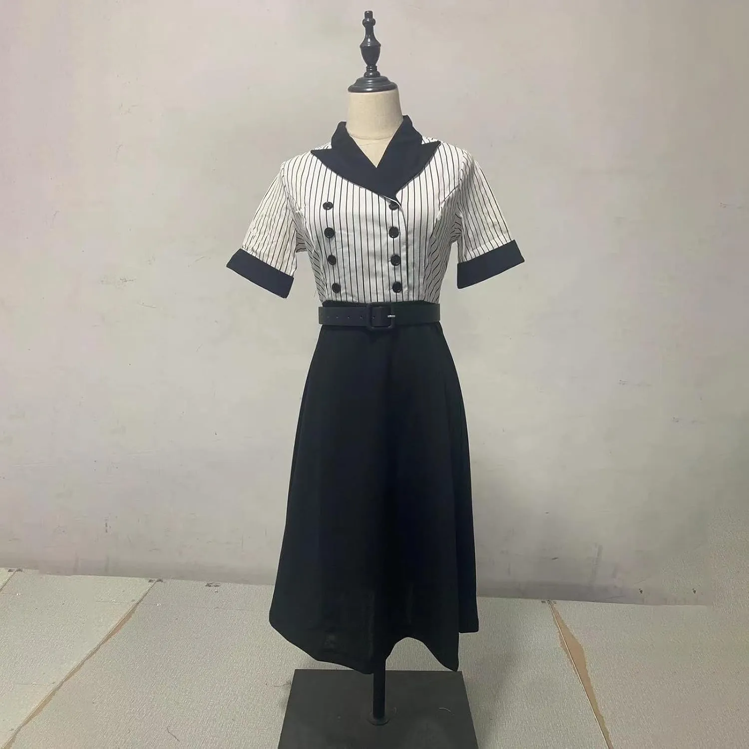 Womens 1950s Vintage Striped Cocktail Dresses Hepburn Style Doll Collar Short Sleeve A-Line Swing Dress with Pockets