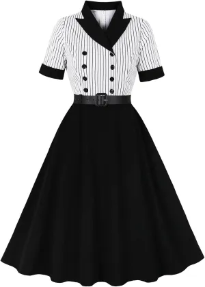 Womens 1950s Vintage Striped Cocktail Dresses Hepburn Style Doll Collar Short Sleeve A-Line Swing Dress with Pockets
