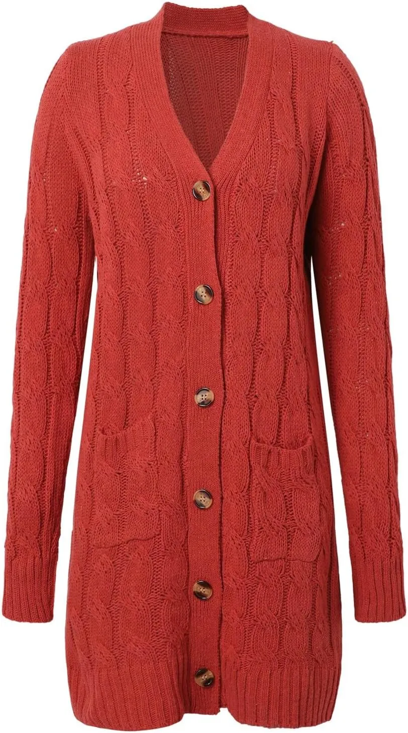 Women's 2024 Fall Winter Cardigan for Women Chunky Open Front Button Down Cable Knitted Sweater Coats with Pockets