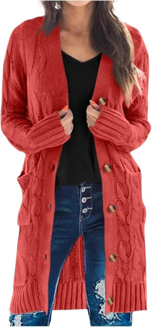 Women's 2024 Fall Winter Cardigan for Women Chunky Open Front Button Down Cable Knitted Sweater Coats with Pockets