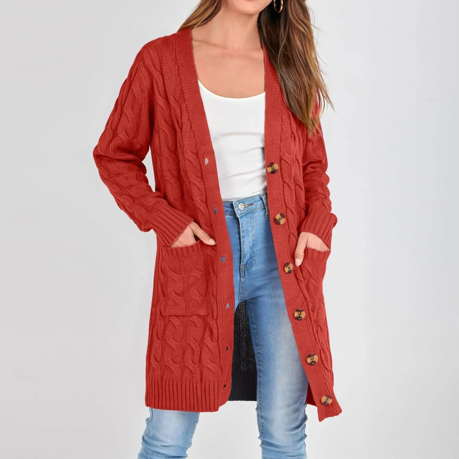Women's 2024 Fall Winter Cardigan for Women Chunky Open Front Button Down Cable Knitted Sweater Coats with Pockets