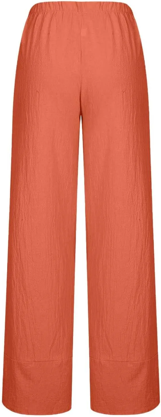 Womens 2024 Linen Pants Summer Wide Leg Pants Cropped Tulip Beach Pants Loose Casual Lounge Pants Trousers