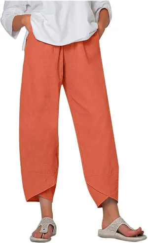 Womens 2024 Linen Pants Summer Wide Leg Pants Cropped Tulip Beach Pants Loose Casual Lounge Pants Trousers
