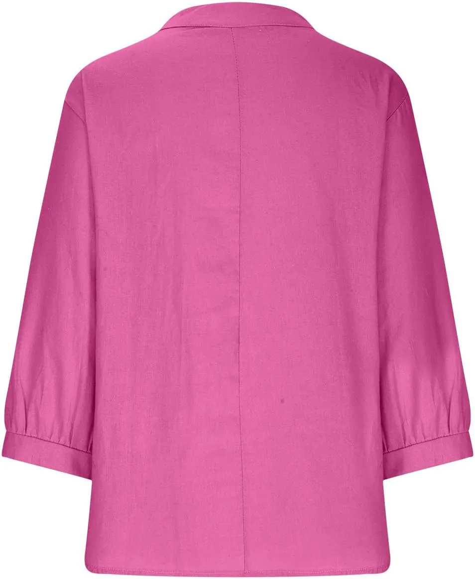 Womens 3/4 Length Sleeve Cotton Linen Tops 2024 Summer V Neck Button Up T Shirts Casual Basic Flowy Comfy Tunics