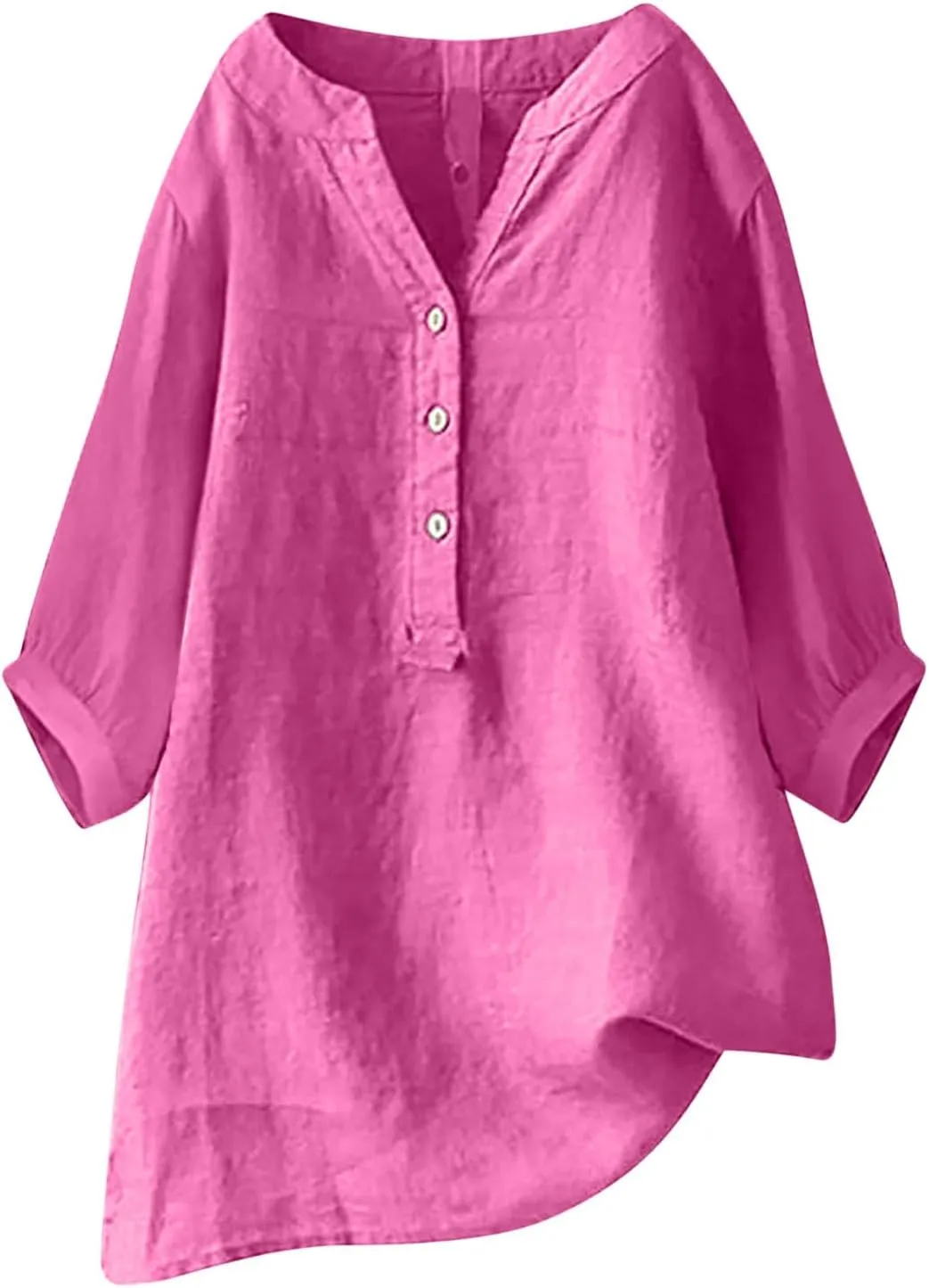 Womens 3/4 Length Sleeve Cotton Linen Tops 2024 Summer V Neck Button Up T Shirts Casual Basic Flowy Comfy Tunics