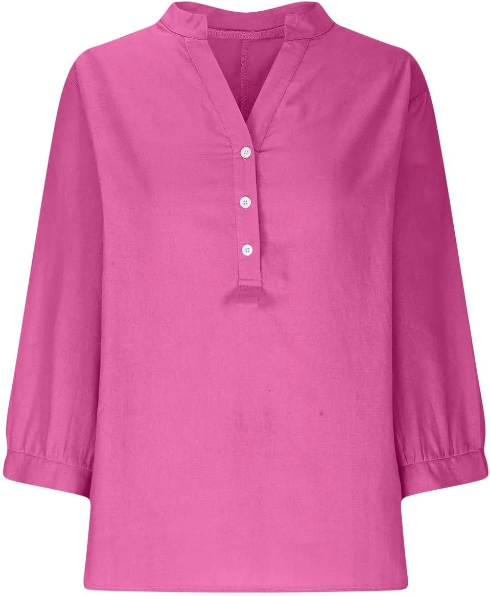 Womens 3/4 Length Sleeve Cotton Linen Tops 2024 Summer V Neck Button Up T Shirts Casual Basic Flowy Comfy Tunics