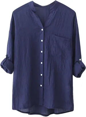 Womens 3/4 Sleeve Tops Cotton Linen Shirts V Neck Button Down Blouse Summer Casual Solid Tops