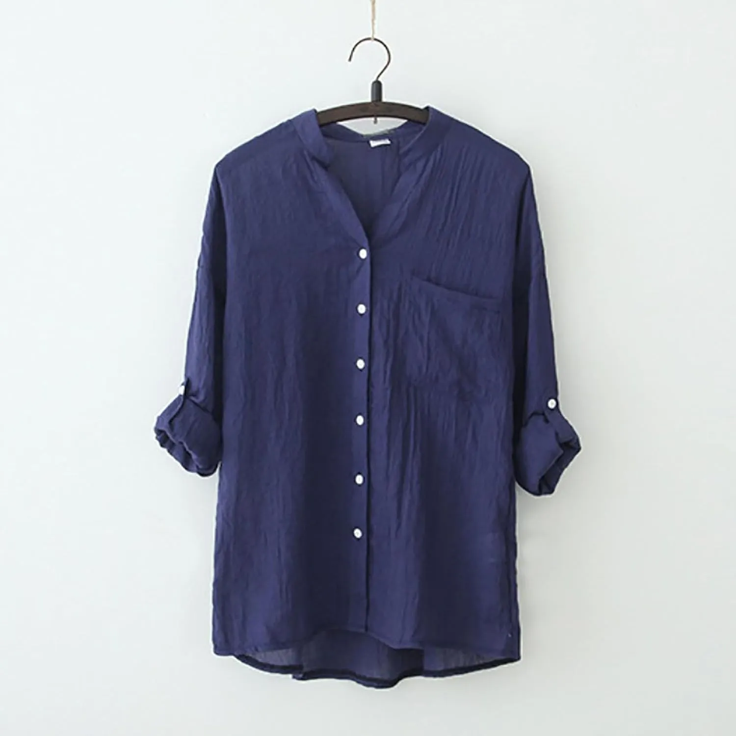 Womens 3/4 Sleeve Tops Cotton Linen Shirts V Neck Button Down Blouse Summer Casual Solid Tops