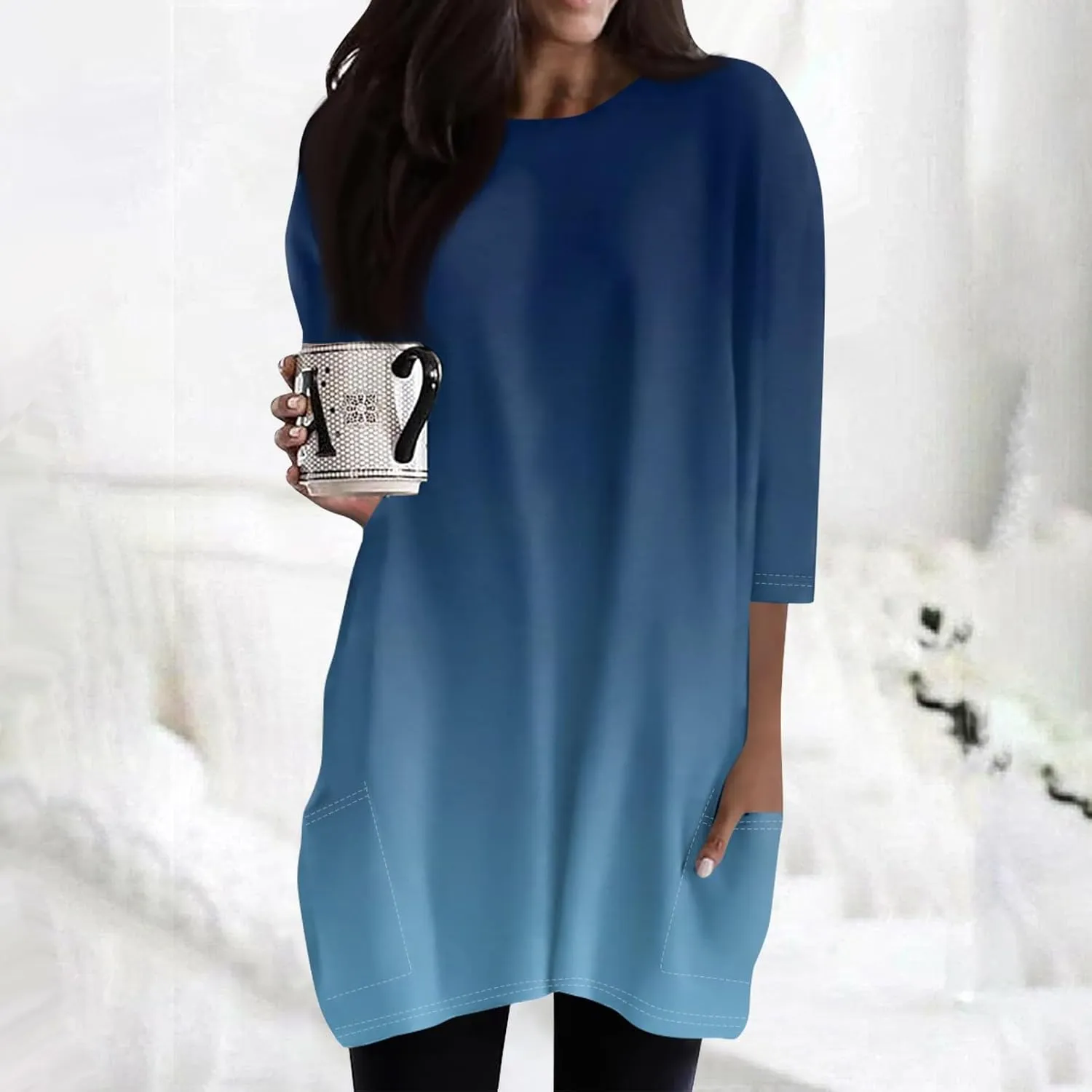 Womens 3/4 Sleeve Tunics or Tops to Wear with Leggings Oversized Casual Long Shirts Tops with Pockets