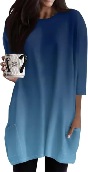 Womens 3/4 Sleeve Tunics or Tops to Wear with Leggings Oversized Casual Long Shirts Tops with Pockets
