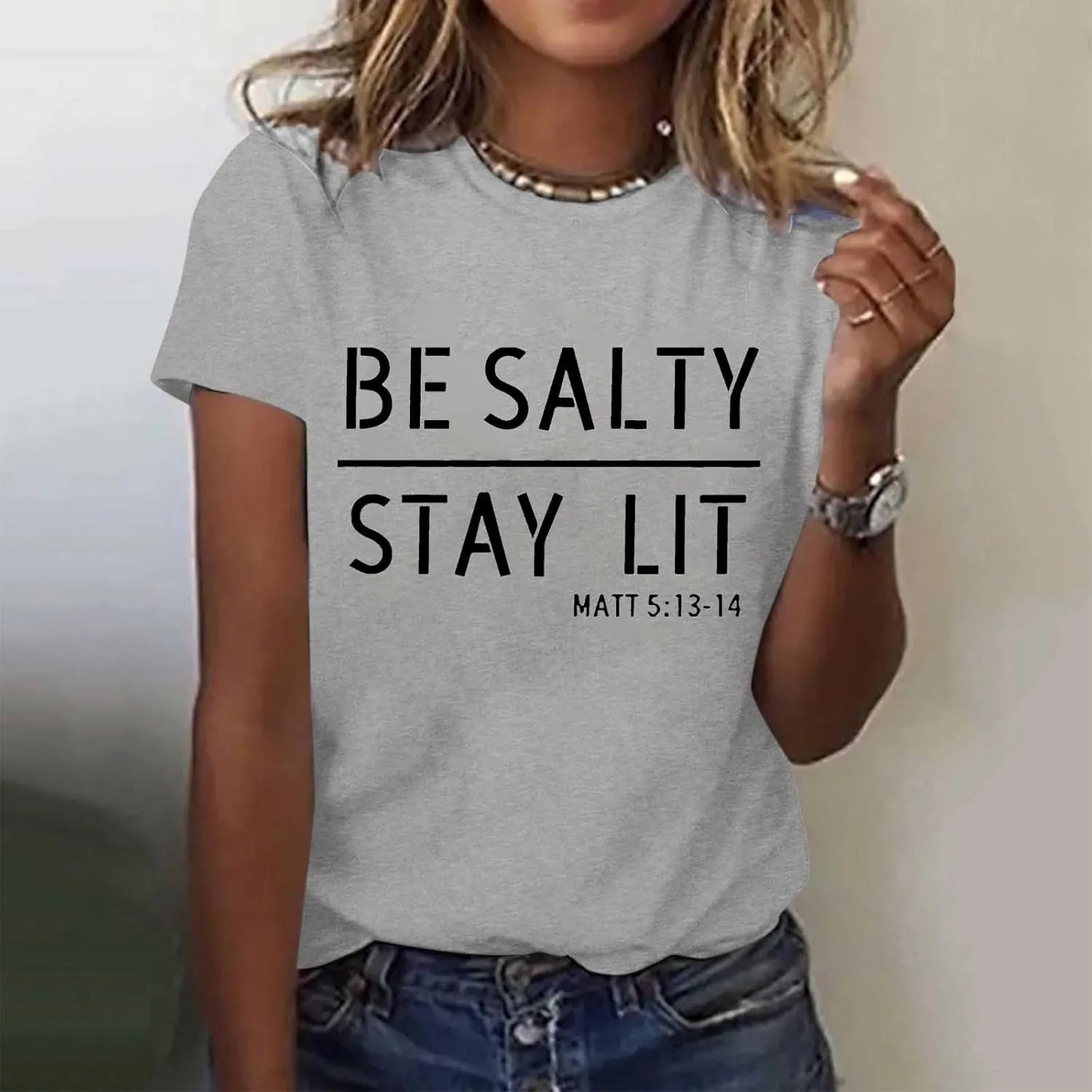 Women's Be Salty Stay Lit Matthew 5:13-14 Shirts Letter Printed Crewneck Short Sleeve T-Shirt Christian Religious Tee