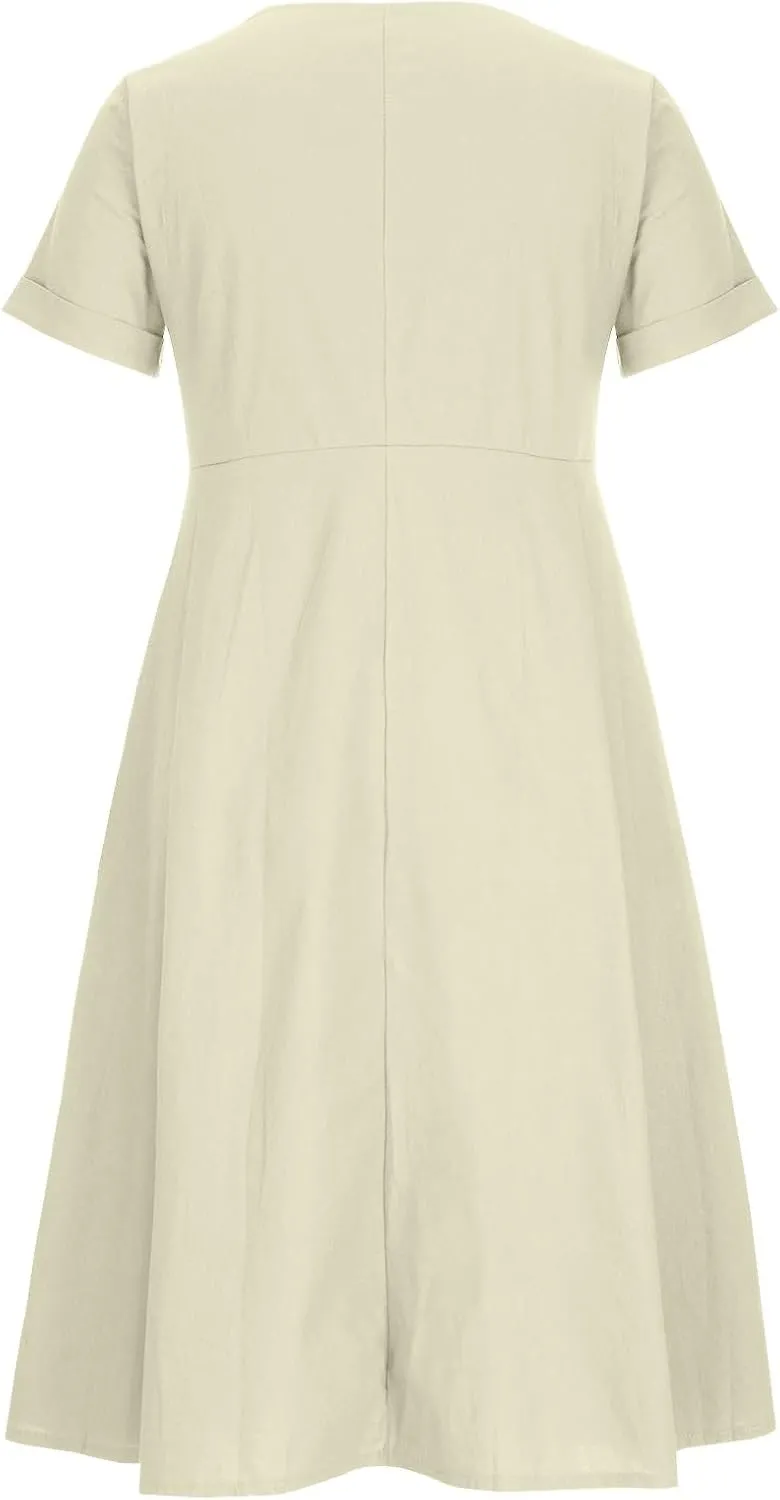 Women's Beach Dress Summer Casual Loose Trendy Short Sleeve V-Neck Solid Button Linen Dresses 2025 Plus Size, S-5XL