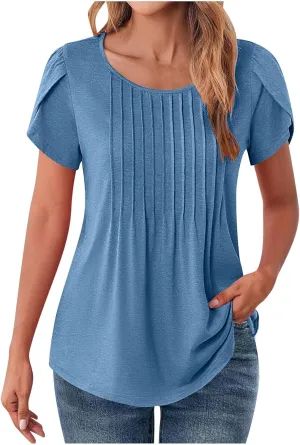 Womens Blouses Summer Petal Short Sleeve Tunic Tops Dressy Casual Pleated Floral Print T Shirt Business Work Shirts