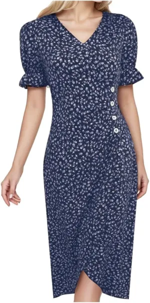 Women's Boho Floral Dress 2025 Summer V Neck Short Sleeve High Waist Hawaiian Maxi Dresses Beach Midi Sundress