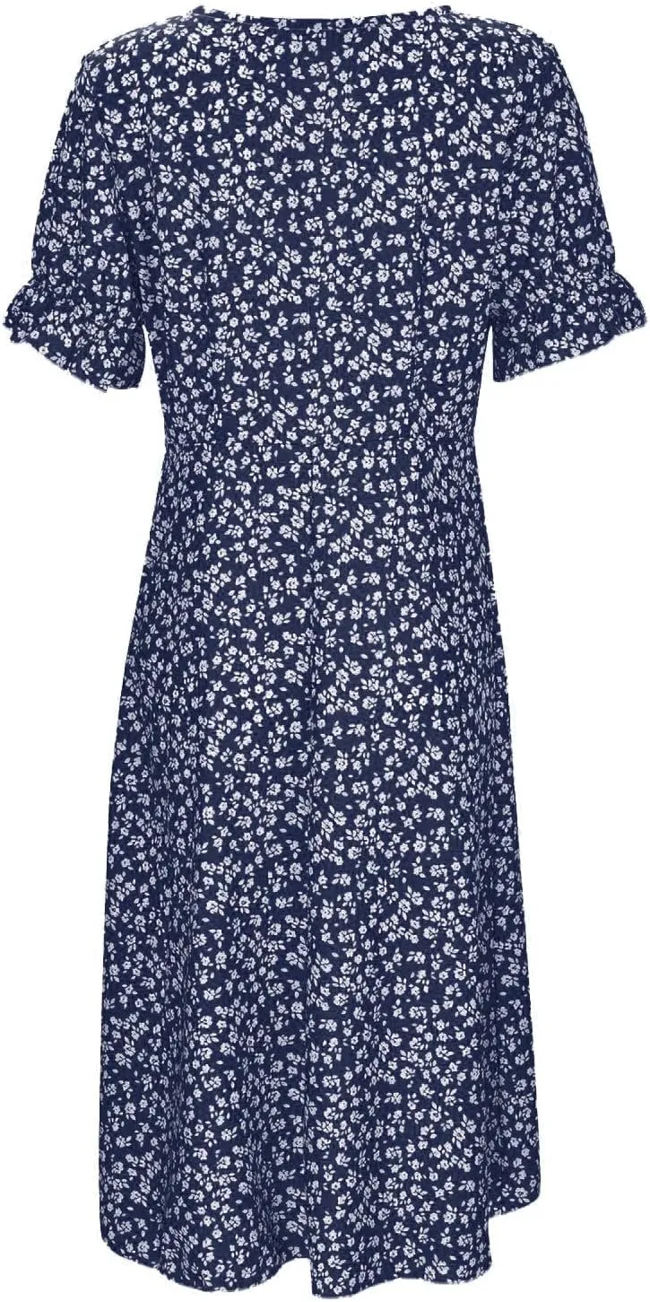 Women's Boho Floral Dress 2025 Summer V Neck Short Sleeve High Waist Hawaiian Maxi Dresses Beach Midi Sundress