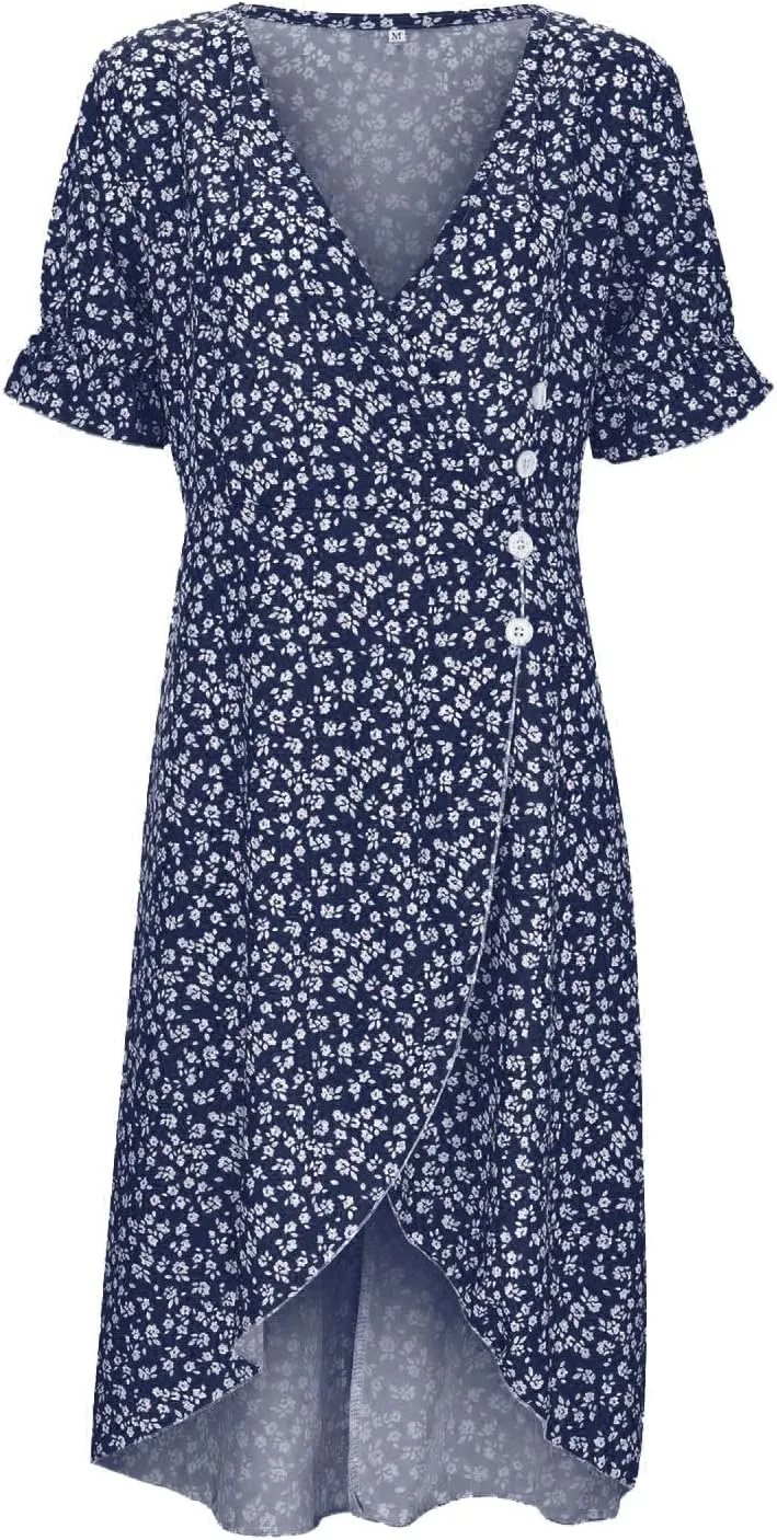 Women's Boho Floral Dress 2025 Summer V Neck Short Sleeve High Waist Hawaiian Maxi Dresses Beach Midi Sundress