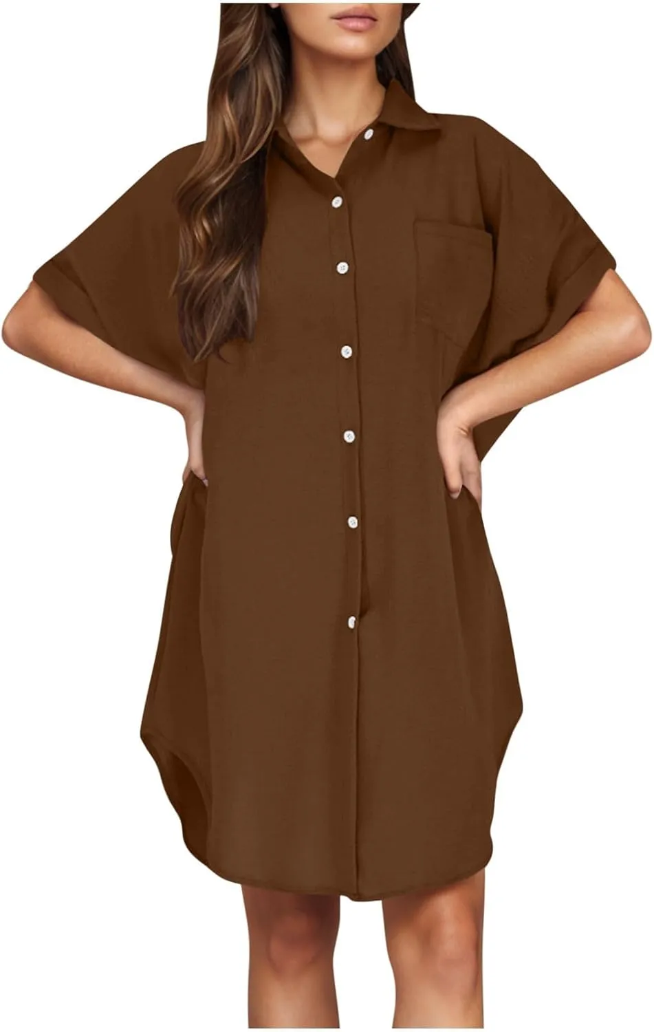 Womens Button Down Shirt Dress 2025 Summer Collared Short Sleeve Solid Color Mini Shift Dresses with Pocket