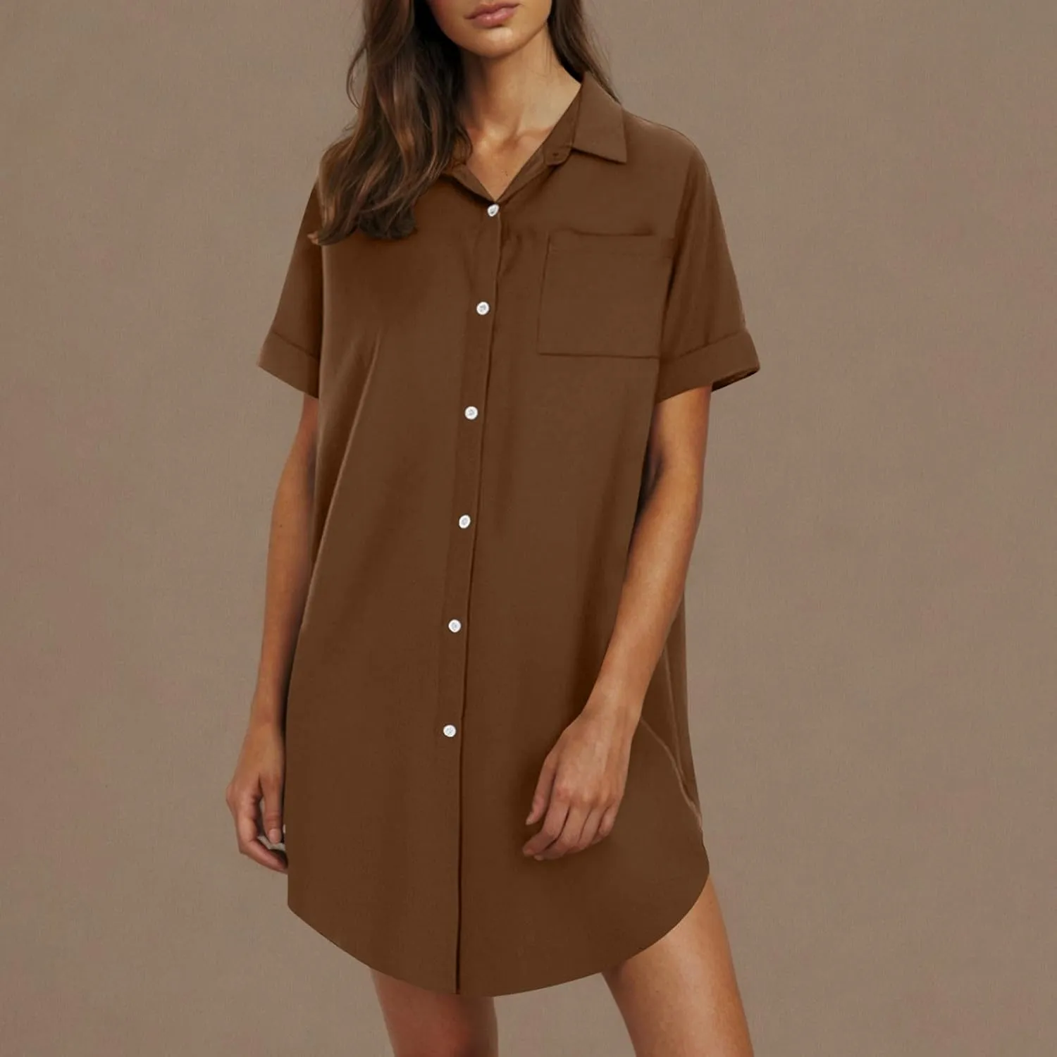 Womens Button Down Shirt Dress 2025 Summer Collared Short Sleeve Solid Color Mini Shift Dresses with Pocket