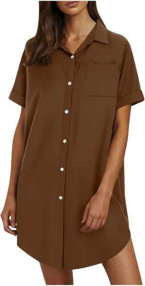 Womens Button Down Shirt Dress 2025 Summer Collared Short Sleeve Solid Color Mini Shift Dresses with Pocket