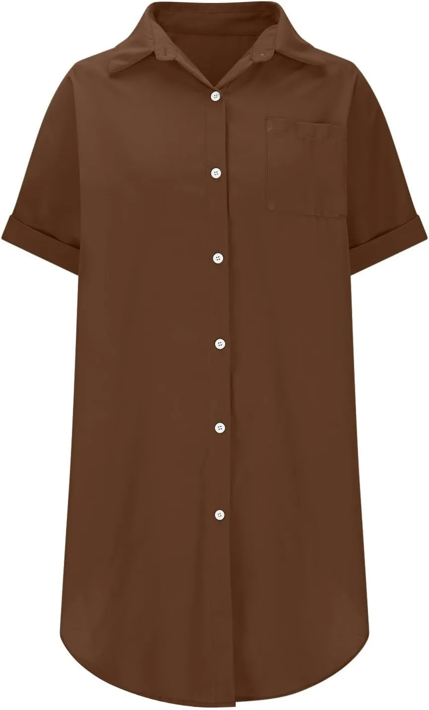Womens Button Down Shirt Dress 2025 Summer Collared Short Sleeve Solid Color Mini Shift Dresses with Pocket