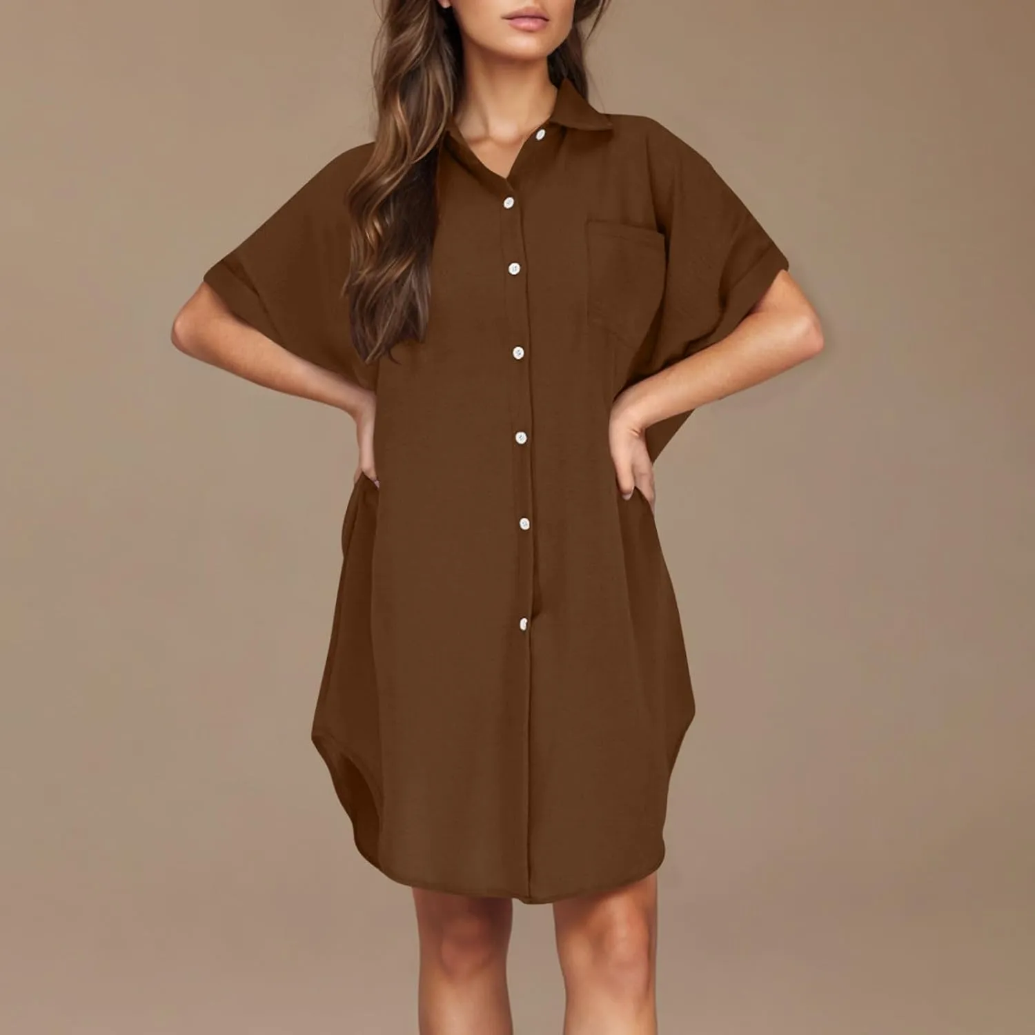 Womens Button Down Shirt Dress 2025 Summer Collared Short Sleeve Solid Color Mini Shift Dresses with Pocket