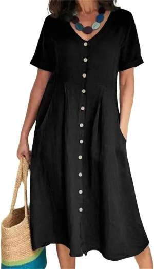 Women's Button Down T-Shirt Dress Casual High Low V Neck Loose Linen Summer Short Sleeve Midi Dresses with Pockets