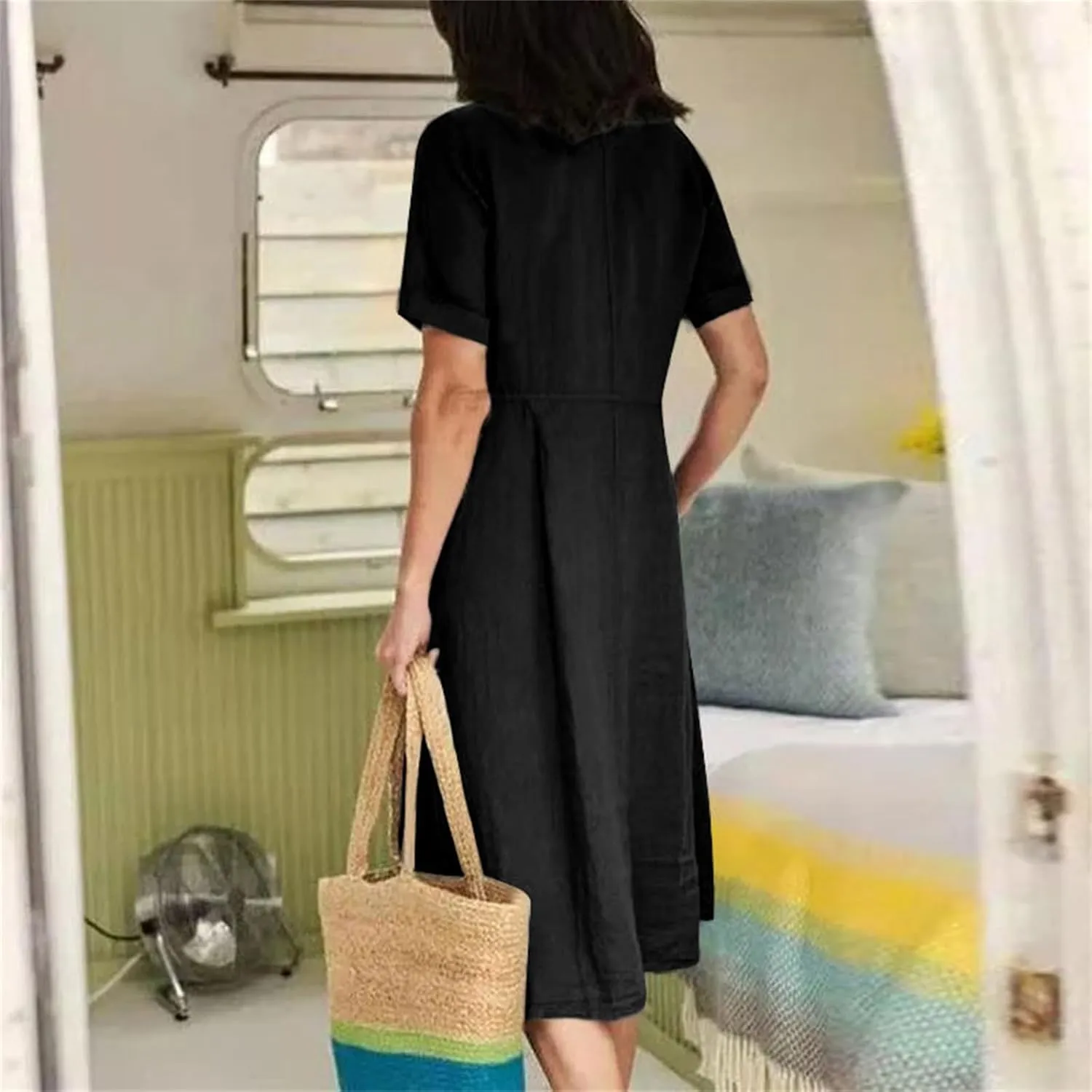 Women's Button Down T-Shirt Dress Casual High Low V Neck Loose Linen Summer Short Sleeve Midi Dresses with Pockets