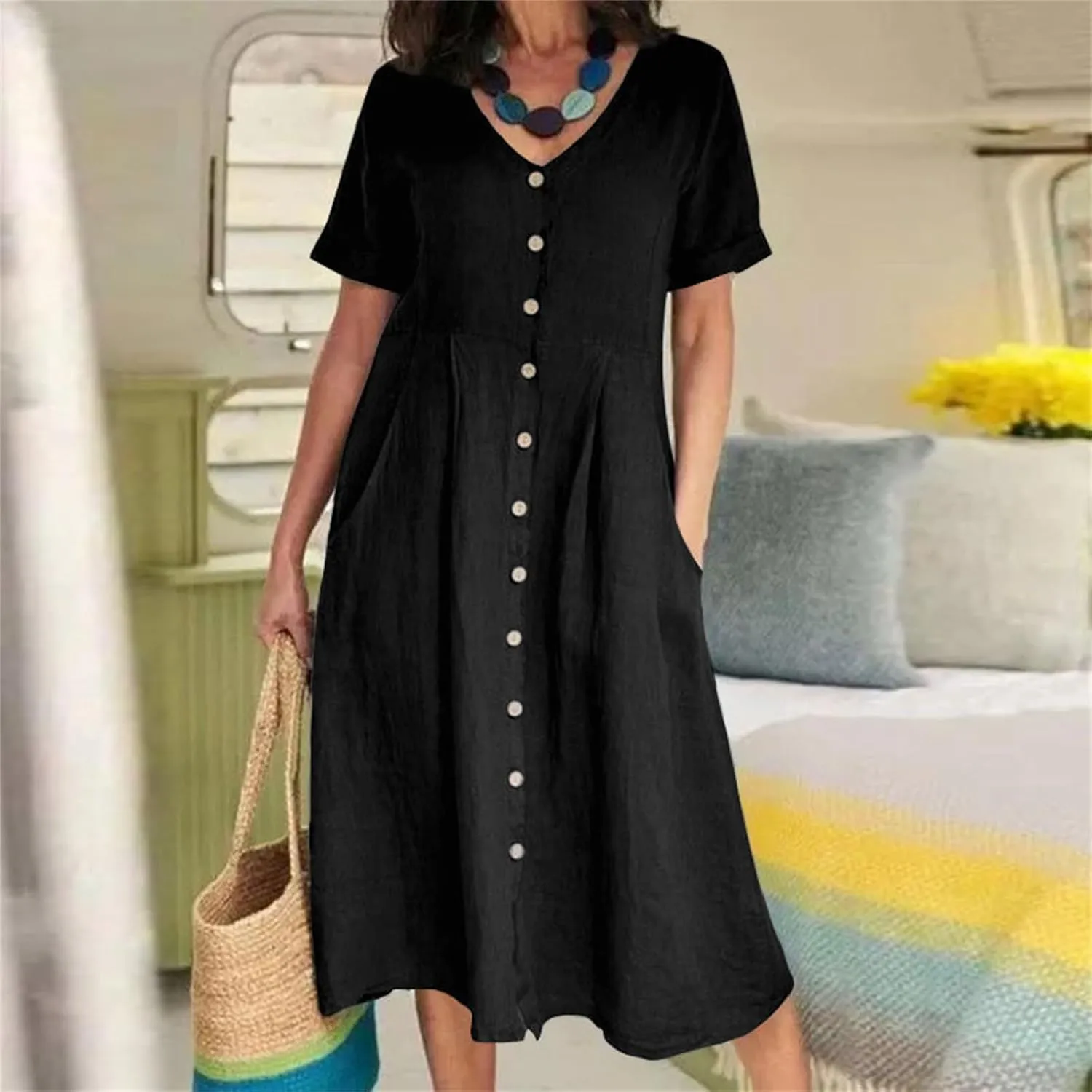 Women's Button Down T-Shirt Dress Casual High Low V Neck Loose Linen Summer Short Sleeve Midi Dresses with Pockets