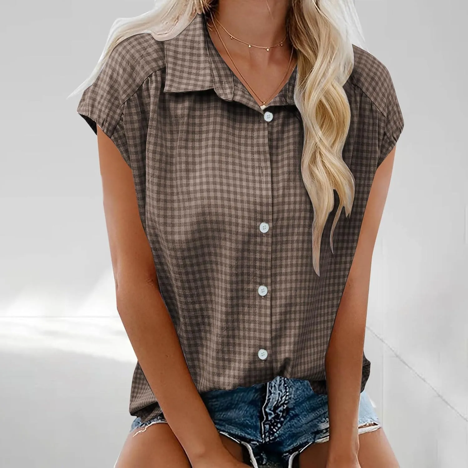 Women's Cap Sleeve Button Down Shirts Vintage Plaid Print Collared Blouse Dressy Casual Summer Tops