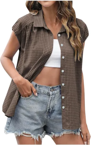 Women's Cap Sleeve Button Down Shirts Vintage Plaid Print Collared Blouse Dressy Casual Summer Tops