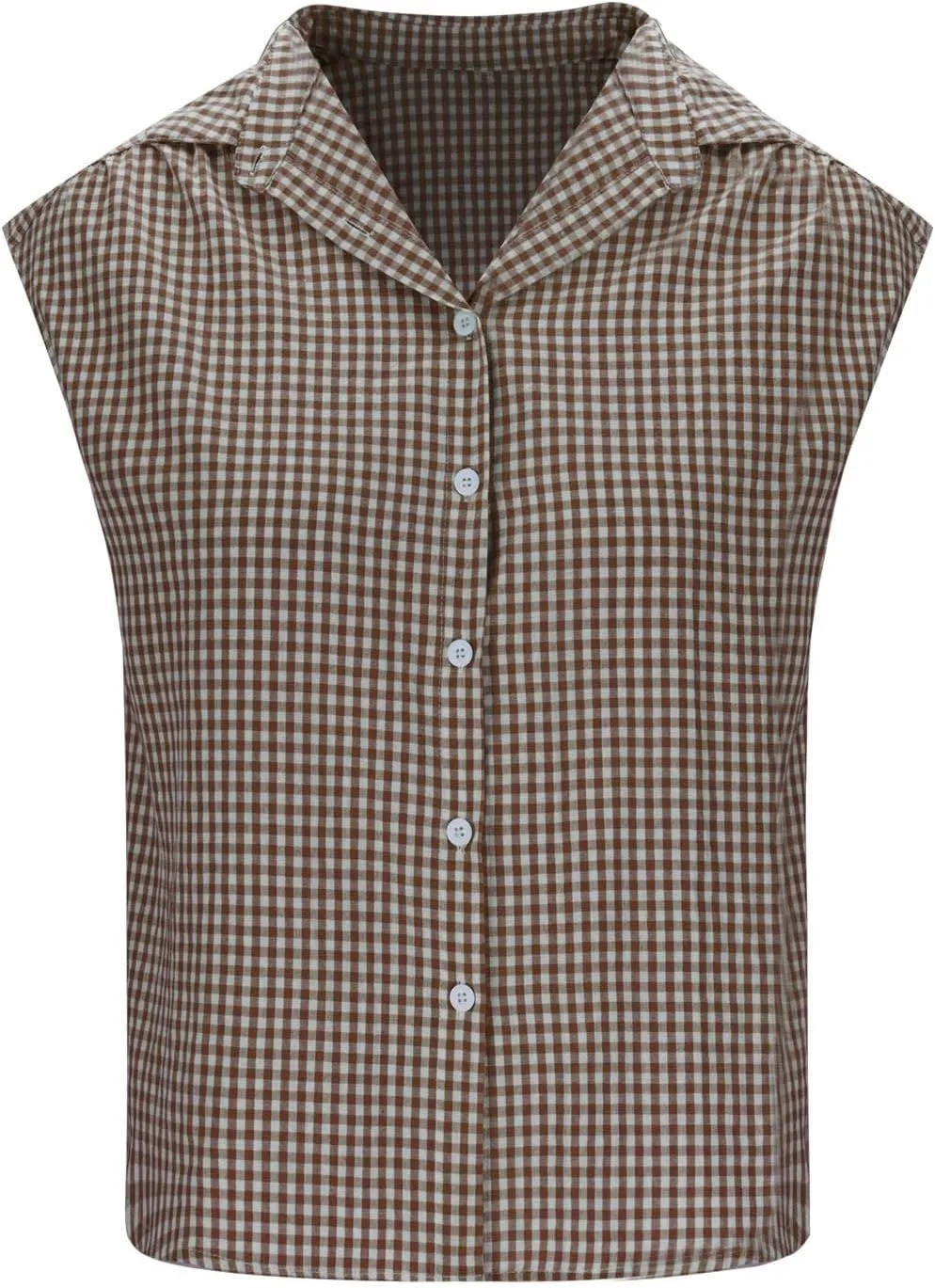 Women's Cap Sleeve Button Down Shirts Vintage Plaid Print Collared Blouse Dressy Casual Summer Tops