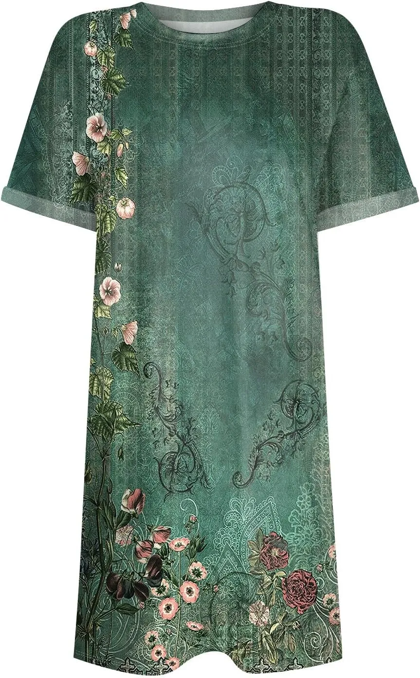 Women's Casual Dresses Summer Short Sleeve Mid Thigh Length T Shirt Dress with Pocket for Women