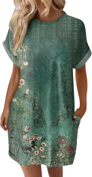 Women's Casual Dresses Summer Short Sleeve Mid Thigh Length T Shirt Dress with Pocket for Women