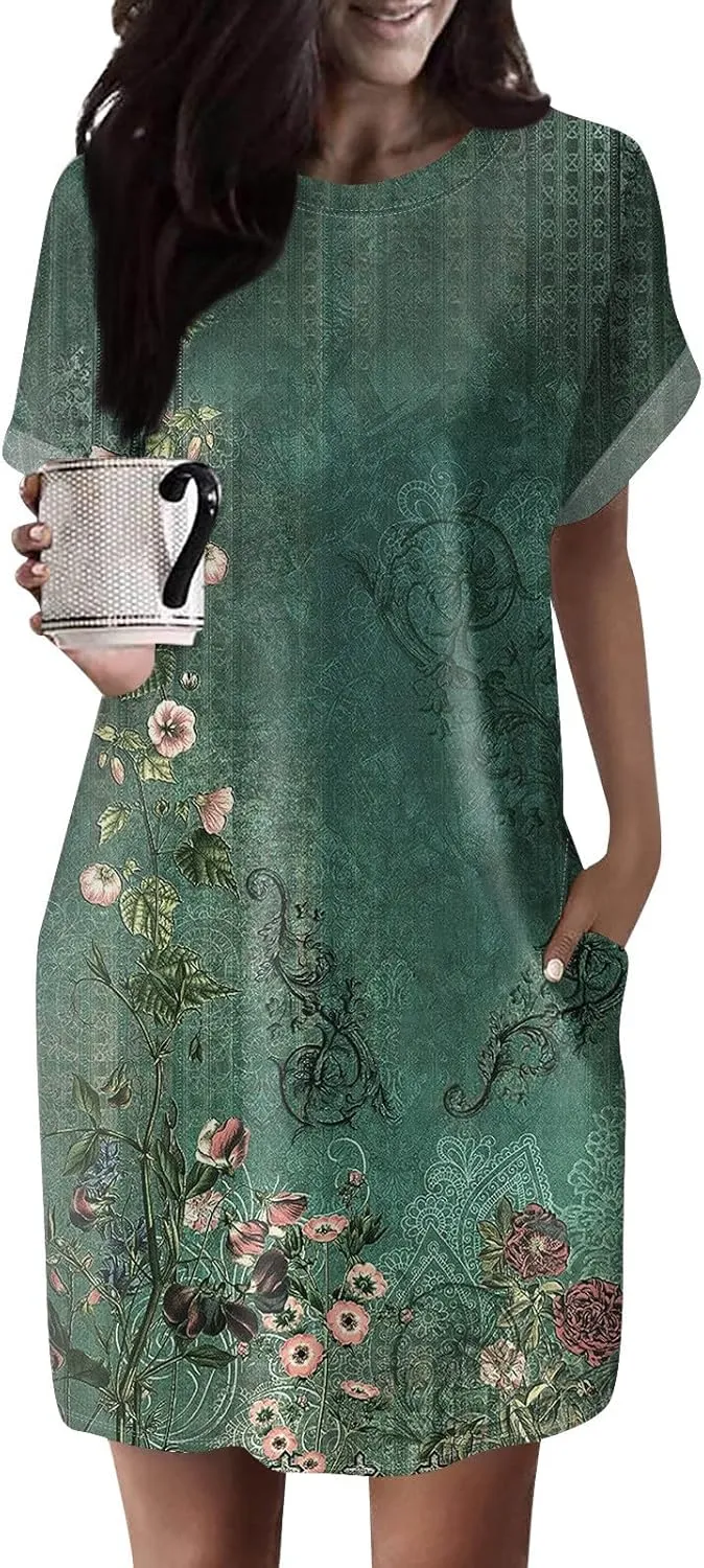 Women's Casual Dresses Summer Short Sleeve Mid Thigh Length T Shirt Dress with Pocket for Women