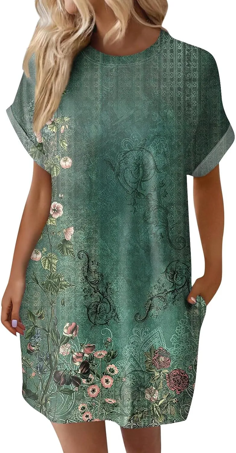 Women's Casual Dresses Summer Short Sleeve Mid Thigh Length T Shirt Dress with Pocket for Women