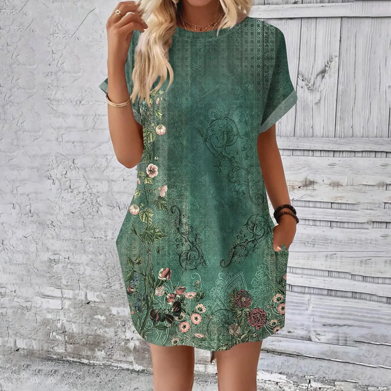 Women's Casual Dresses Summer Short Sleeve Mid Thigh Length T Shirt Dress with Pocket for Women