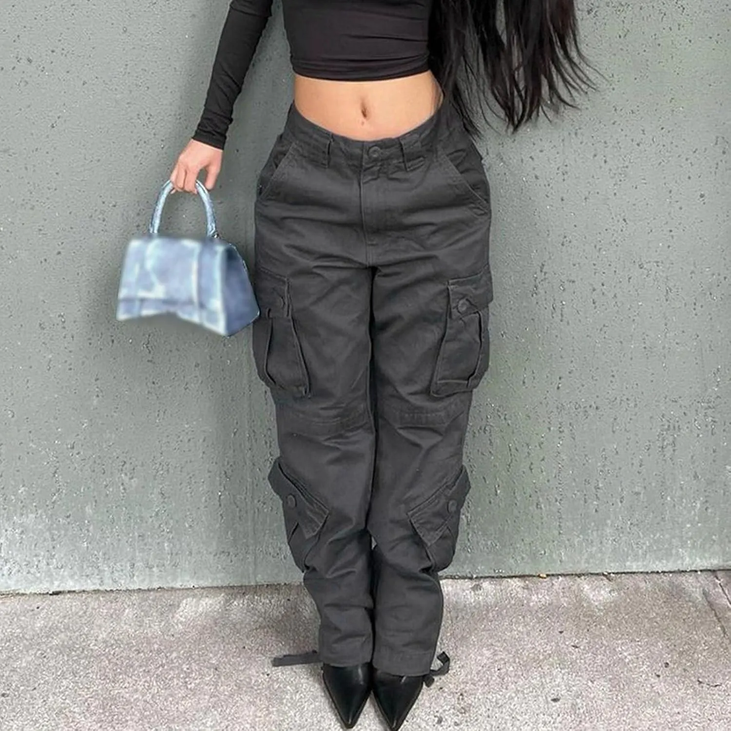 Womens Casual Loose Wide Leg Straight Demin Cargo Pants Trousers with Pockets Strecthy Paddy Skinny High-Rise Slim Fit Long